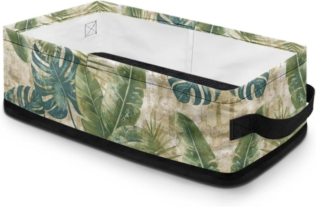 Closet Organizer Bins Bathroom Storage Basket Rectangular Foldable Toilet Paper Organizer Bins Shelf Basket for Kitchen Living Room Organization, Tropical Monstera Banana Leaf