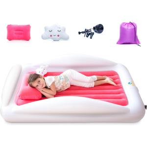 Sleepah Inflatable Toddler Travel Bed Portable Kids Air Mattress Set w Safety Rail Guards for Kids & Toddlers  Includes Pump, Carry Case, Pillow & More - Perfect Transitional Cot Coral