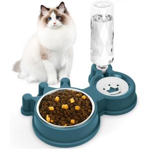 Cat Bowls, Dog Food and Water Bowl Set with Water Dispenser for Cats and Small Dogs (Blue)
