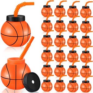 Nuanchu 24 Sets 14 oz Basketball Cups with Straws and Lids Plastic Basketball Party Cups Bulk Reusable Party Favor for Kids Birthday Sports Theme Supplies