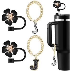Pack Of 2 Straw Covers for Stanley Cup Accessories: Black Decorations for Stanley 30 oz & 40 oz Tumbler with Handle, Bling Letter Charms and Flower Silicone Straw Cap Topper, Trendy Stuff for Teen Girls & Women Pack Of 2 Straw Covers for Stanley Cup Accessories: Black Decorations for Stanley 30 oz & 40 oz Tumbler with Handle, Bling Letter Charms and Flower Silicone Straw Cap Topper, Trendy Stuff for Teen Girls & Women
