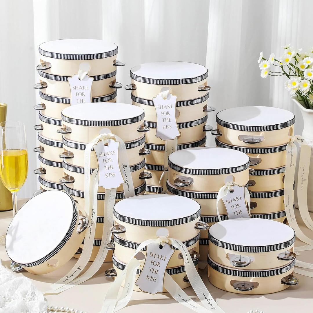 36 Set 4 inch Wedding Tambourines Bulk for Adults Wooden Hand Held Drum with Metal Jingles, Gift Tags, White Tambourine Gift Musical Instrument for Church Wedding Party Favor(White Style)