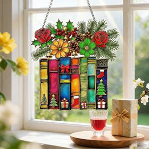 2 x Suncatcher Book Ornament Christmas Hanging Window Decor Acrylic,Christmas Ornament Outdoor Decor Garden Bookish Gifts for Librarian, Book Lovers, Reader, Women, Suncatcher Effect Decor