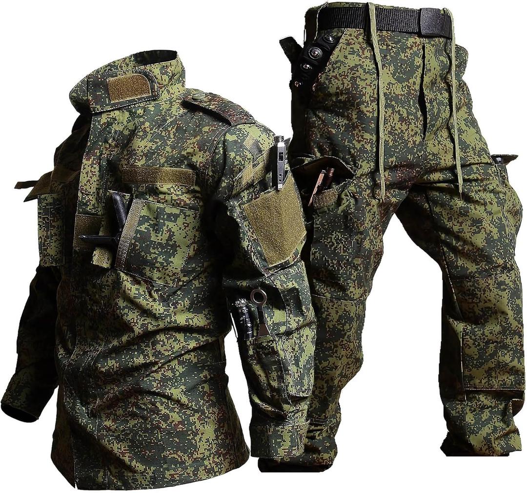 Russian Camouflage Tactical Suit, Men's Tactical Trouser Combat Jacket Suits, Windproof Spring and Autumn Coat, for Airsoft Paintball Hunting Outdoor, XX-Large