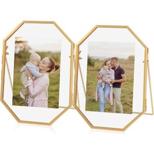 5x7 Gold Floating Picture Frame, Octagon Tempered Glass Floating Frames for 3.5 x 5, 4 x 6 Photo, Tabletop Picture Frame for Office and Home Decor