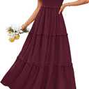 PRETTYGARDEN Summer Dresses for Women 2026 Boho Swiss Dot Smocked Square Neck Short Sleeve Spring Wedding Guest Maxi Dress (Wine Red, Large)