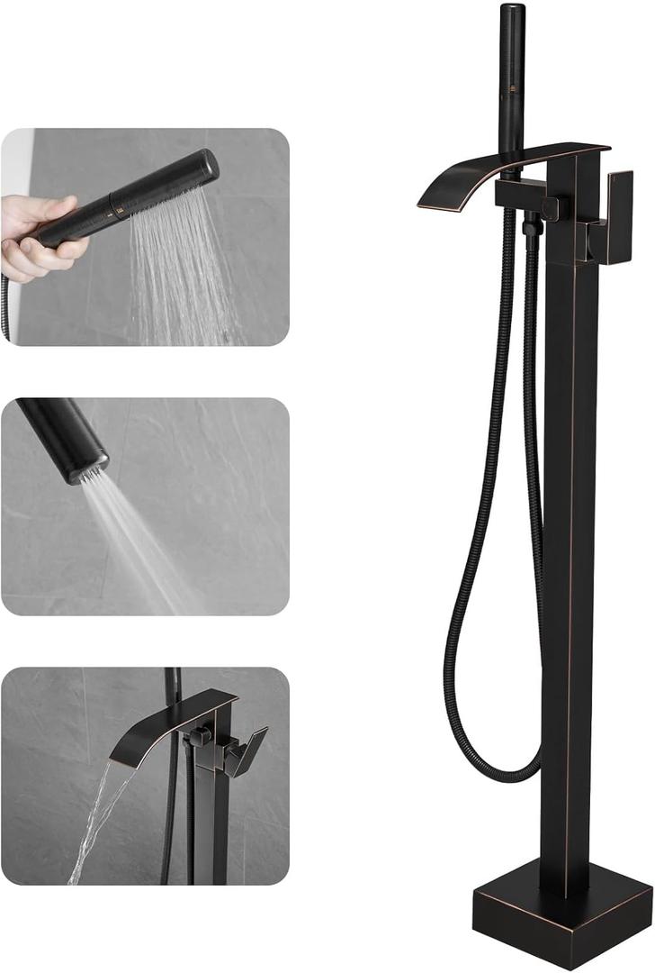 RUMOSE Tub Filler Freestanding Bathtub Faucet Oil Rubbed Bronze Floor Mount Tub Faucet Waterfall Bathtub Filler with CUPC Certified High Flow Brass Bath Shower Faucets with Handheld Sprayer