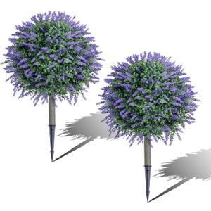 27.6''H Faux Lavender Plants Outdoor Set of 2, Realistic Artificial Boxwood Topiary Shrubs with Spike, UV Resistant Topiary Balls Large Fake Plant Faux Bushes for Indoor & Outdoor Decor
