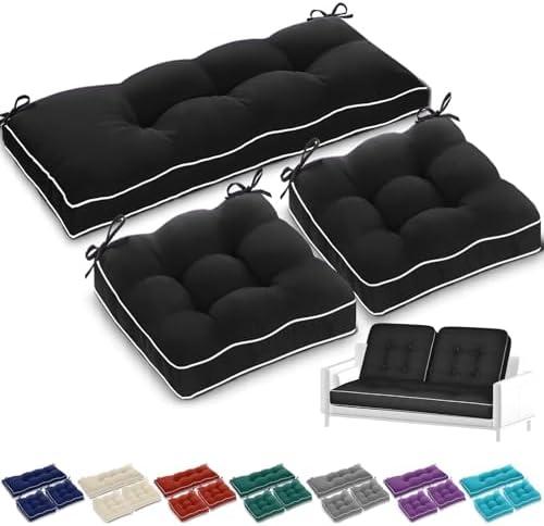Wenqik Outdoor Wicker Chair Cushions of 3 Pieces 44 x 19 x 4 Inch Waterproof Tufted Bench Cushions for Patio Furniture Fade Resistant 1 Loveseat and 2 Square Seat Pad for Swing Sofa Settee (Black)