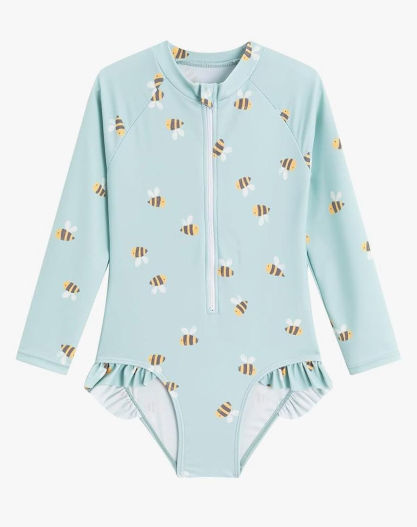 LIZENS Girls' One-Piece Swimwear Rash Guard Swimsuit Zipper Bathing Suits Long Sleeve Ruffle Girl Full Cover Flower Print 3-4T