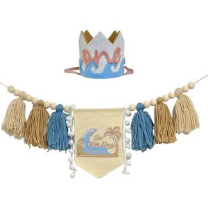 The Big One Surfing 1st Birthday High Chair Banner with Crown Hat for Surf Wave Ocean Themed Baby Boy First Birthday Party Decorations(Blue big one)