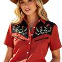 Western Shirts for Women Retro Cowgirl Shirt Rodeo Button Up Tshirt Hawaiian Summer Vacation Short Sleeve Top Blouses L