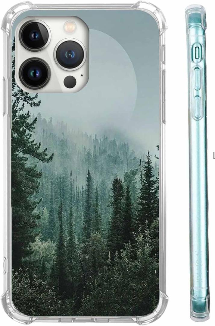 Woods Forest Landscape Phone Case Compatible with iPhone 14 Pro,Mist Mountain Sunrise Sunset Pattern,Soft TPU Shockproof Case for iPhone 14 Pro