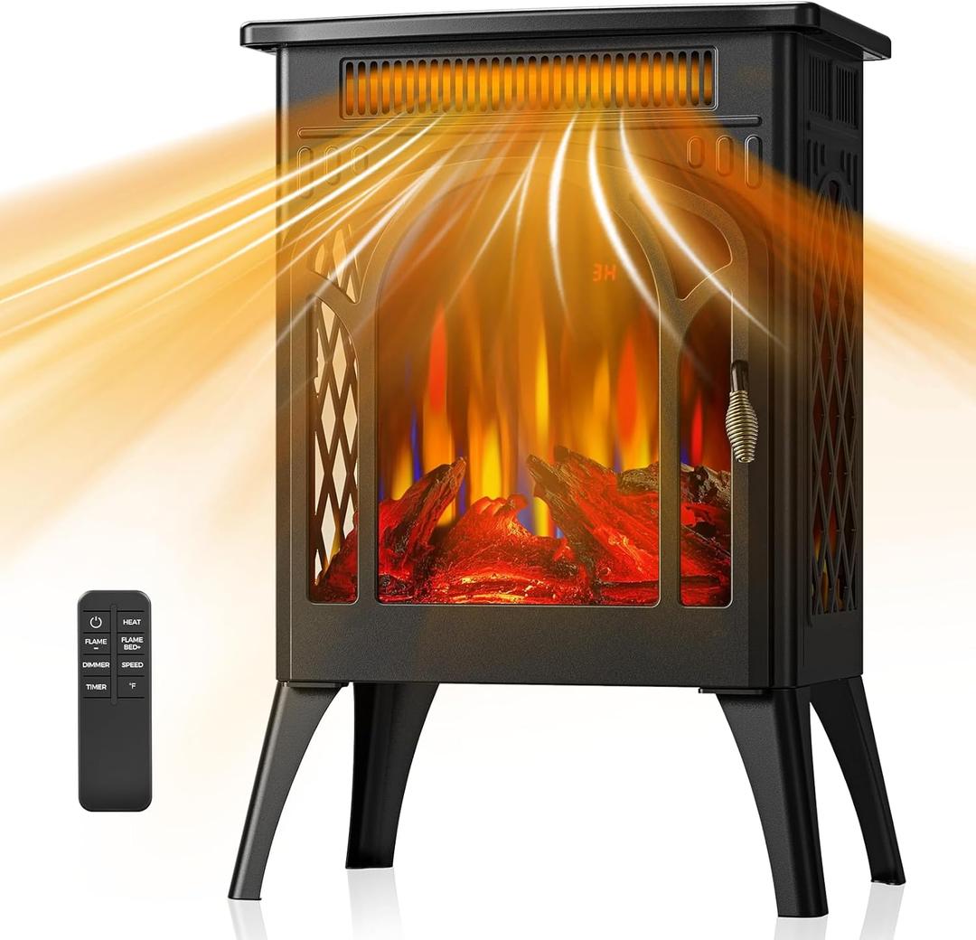 Electric Fireplace Stove, 1500W, Fast Heating, X Infrared Fireplace Heater with Remote Control, 8H Timer, Freestanding Stove with Adjustable 3D Flame Overheat Protection, Indoor Fireplace (Black)