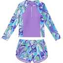 Girls Bathing Suits Size 11-12 Teen Swimsuits Purple Zipper Long Sleeve Beach Swimwear 2 Piece Tankini Swim Suit Set