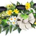 Spring Floral Centerpiece with 3 Metal Pillar Candle Holders – Artificial Daisy Arrangement with Greenery & Stripe Bow for Dining Table, Weddings, Easter, Home & Office Décor, Housewarming Gift