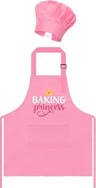 GROBRO7 1Pcs Kids Apron and Chef Hat Set Gift for Girls, Princess Kitchen Baking Princess Pattern Adjustable Kitchen Aprons with 2 Pockets Waterproof Smocks Hats for Baking Cooking Painting Training