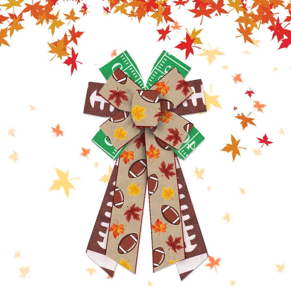 Large Fall Bows for Wreath, Thanksgiving Wreath Bows Green Natural Burlap Bow Autumn Maple Leafs Football Craft Bow Holiday Farmhouse Tree Bows for Front Door Fall Thanksgiving Decorations