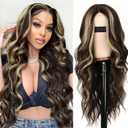 AISI HAIR Long Wavy Dark Brown with Blonde Highlight Lace Hairline Wigs for WomenMiddle Part Synthetic Heat Resistant Wig for Daily Party-26 Inch