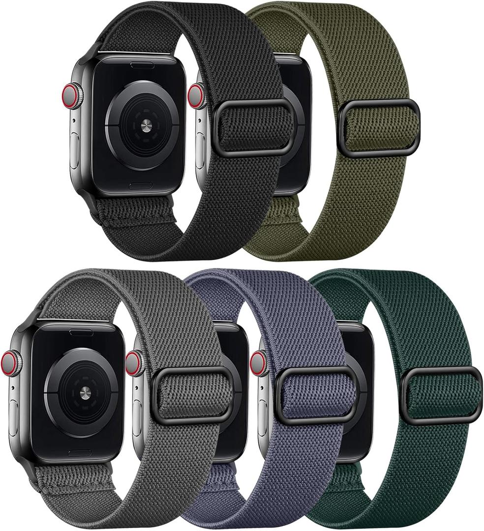Adorve Stretchy Band Compatible with Apple Watch Bands Ultra 3/2/1 49mm 46mm 45mm 44mm 42mm 41mm 40mm 38mm Men Women, Soft Nylon Elastic Braided Strap for iWatch Series 11/10/9/8/7/6/5/4/3/SE/SE2/SE3 (Black/Army Green/Space Gray/Blue Gray/Dark Green)