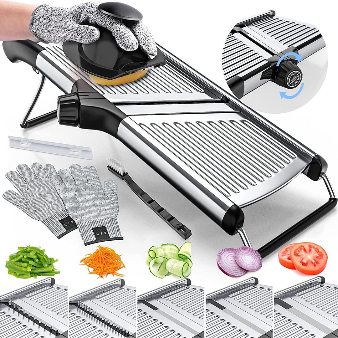 Gramercy Adjustable Mandoline Food Slicer, Mandoline Slicer for Kitchen, Mandolin, Potato, Tomato, Carrot, Vegetable, Fruit and Onion Cutter - Stainless Steel - INCLUDING 1 Pair Cut-Resistant Gloves (PRO Mandoline (Black)