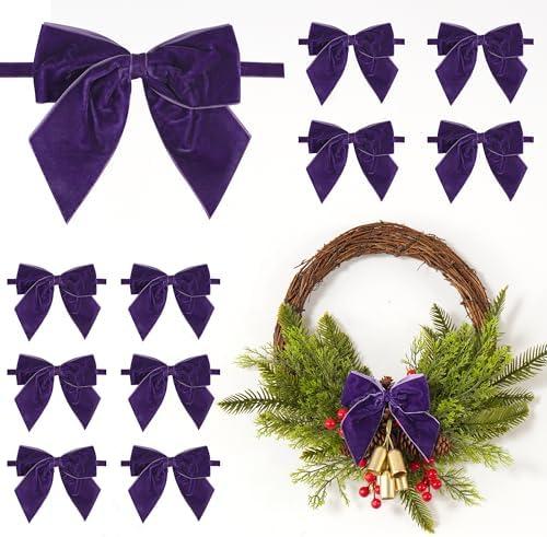 LiBongTa 12 PCs Purple Velvet Ribbon Bow Decor 5'' Pre Tied Bows, Rustic Bow for Christmas Tree, Party Favor, Gift Wrapping, Premade Vintage Velvet Bows for Wreaths, Basket, Bouquets, Gift Bag Pack Of 2