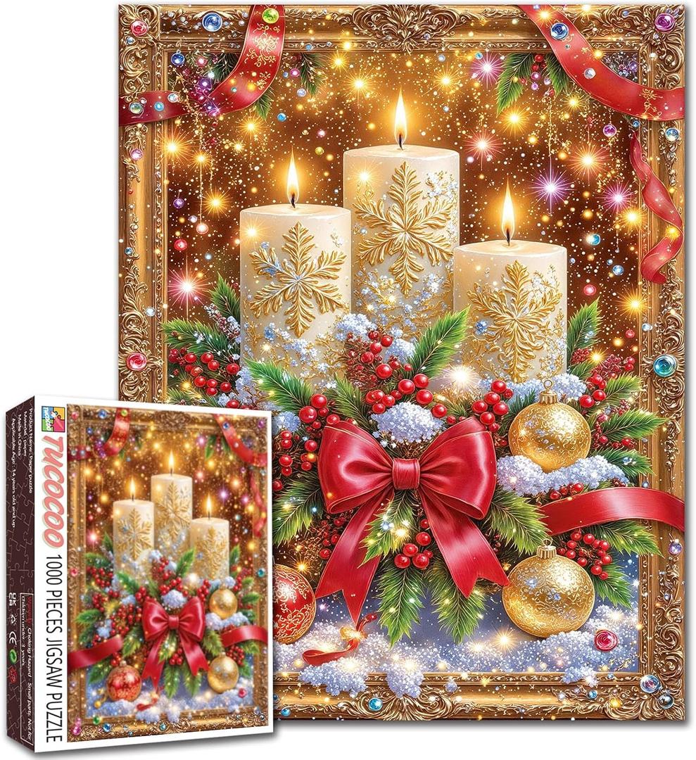 Golden Snowflake Candles Holly Berries Christmas Decor 1000 Piece Puzzle for Adults Beginners Luxury Holiday DIY Home Gift 27x20 Inches (Christmas Scenery-02)