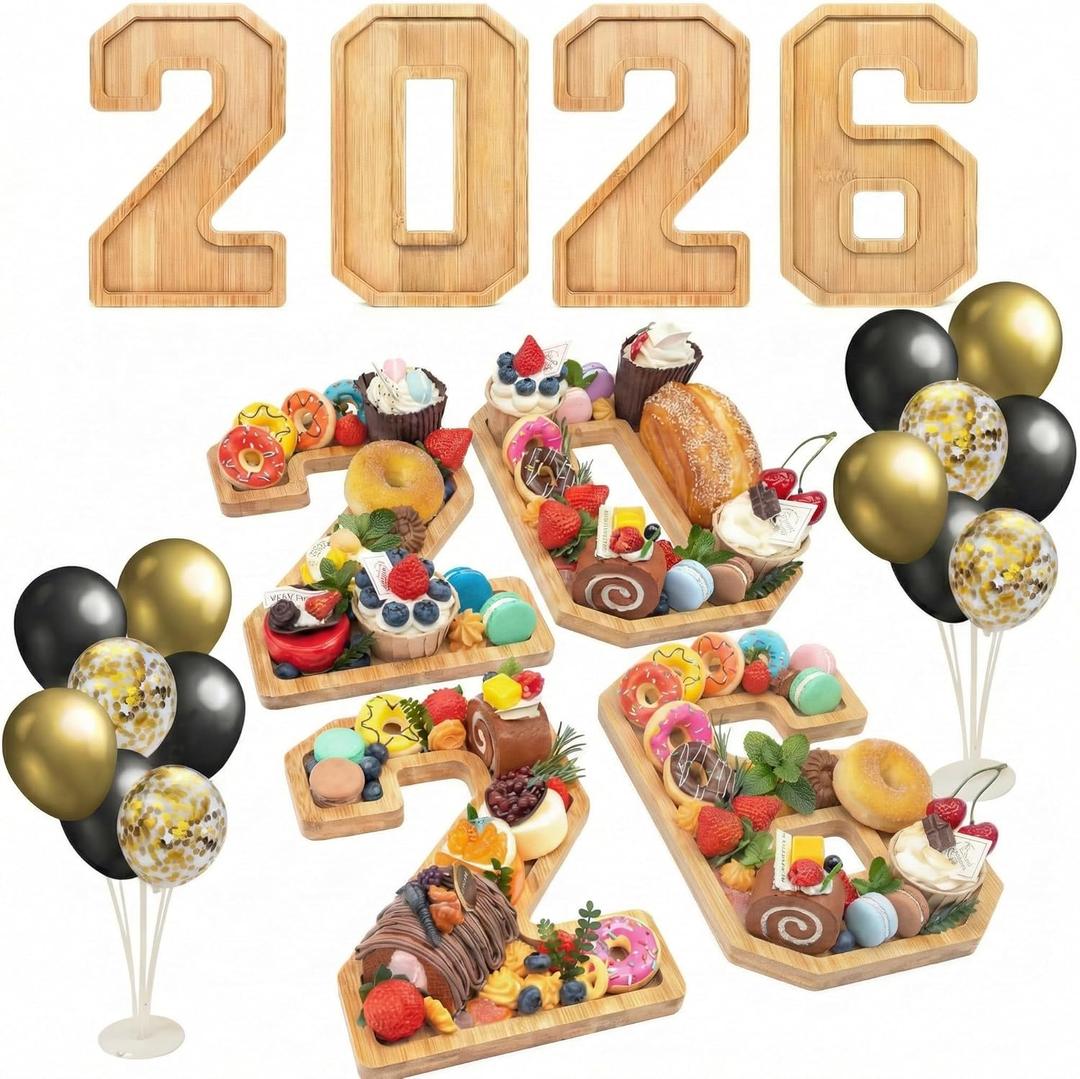 4PCS Wooden Graduation Decorations Number Charcuterie Board Box-(with 14 Balloons) 2026 Charcuterie Numbers Fillable Food Graduation Party Supplies