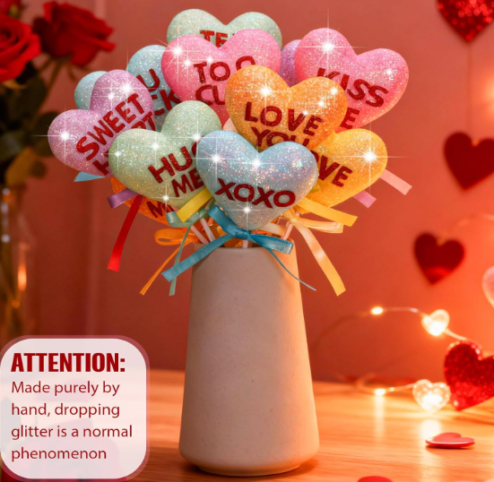 Bucherry 10 Pcs Valentine's Conversation Hearts Decorations Glitter Candy Heart Picks with Ribbon Heart Tree Pick for Home Vase Filler Romantic Decor Wedding Anniversary Birthday Party Supplies