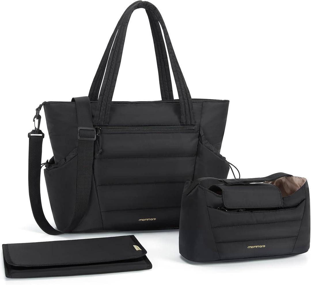 mommore Diaper Bag Tote with Stroller Organizer Puffer Bag Large Capacity Baby Bag with Changing Pad for Travel, Hospital (Black)