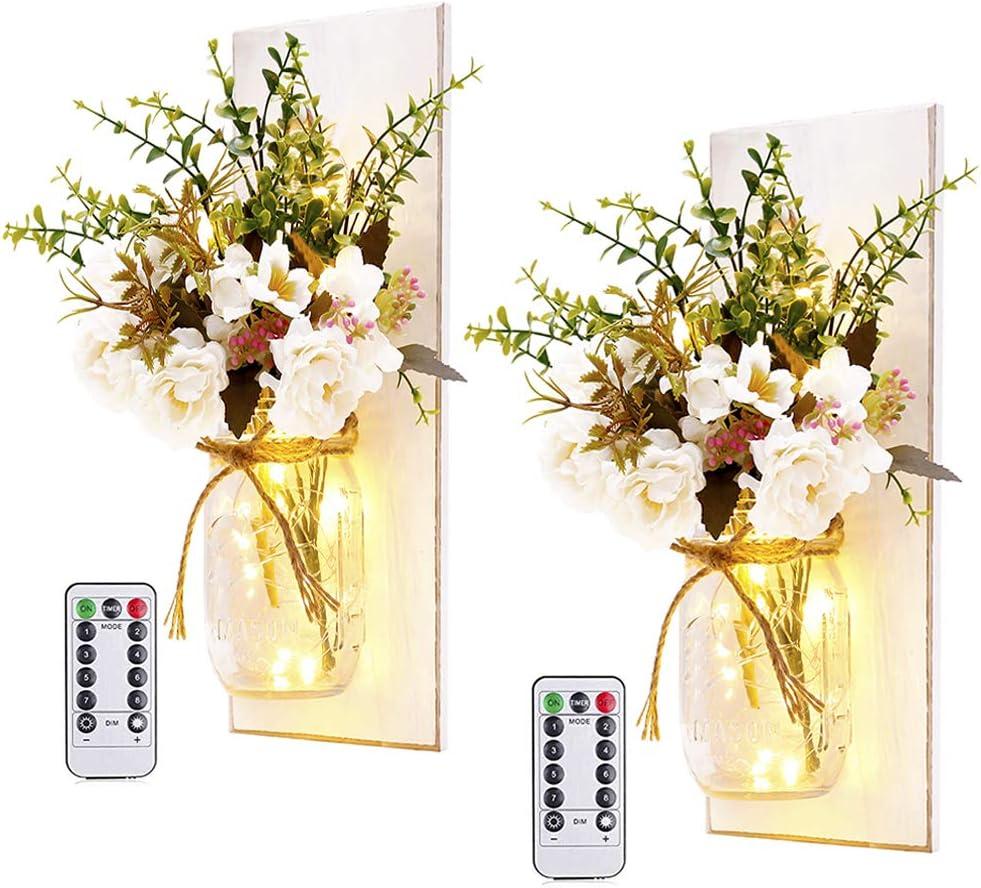 Rustic Wall Sconces Mason Jar Sconces Handmade Wall Art Hanging Design with Remote Control LED Fairy Lights and White Peony, Christmas Decor Gifts Farmhouse Home Decor Living Room Lights Set of Two