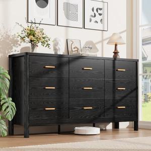 Garvee 9 Drawer Dresser, Modern Wooden Storage Chest of Drawers, Black | Freestanding Storage Organizer with Cylindrical Legs, Metal Handles & Anti-Tip, for Bedroom, Living Room, Hallway