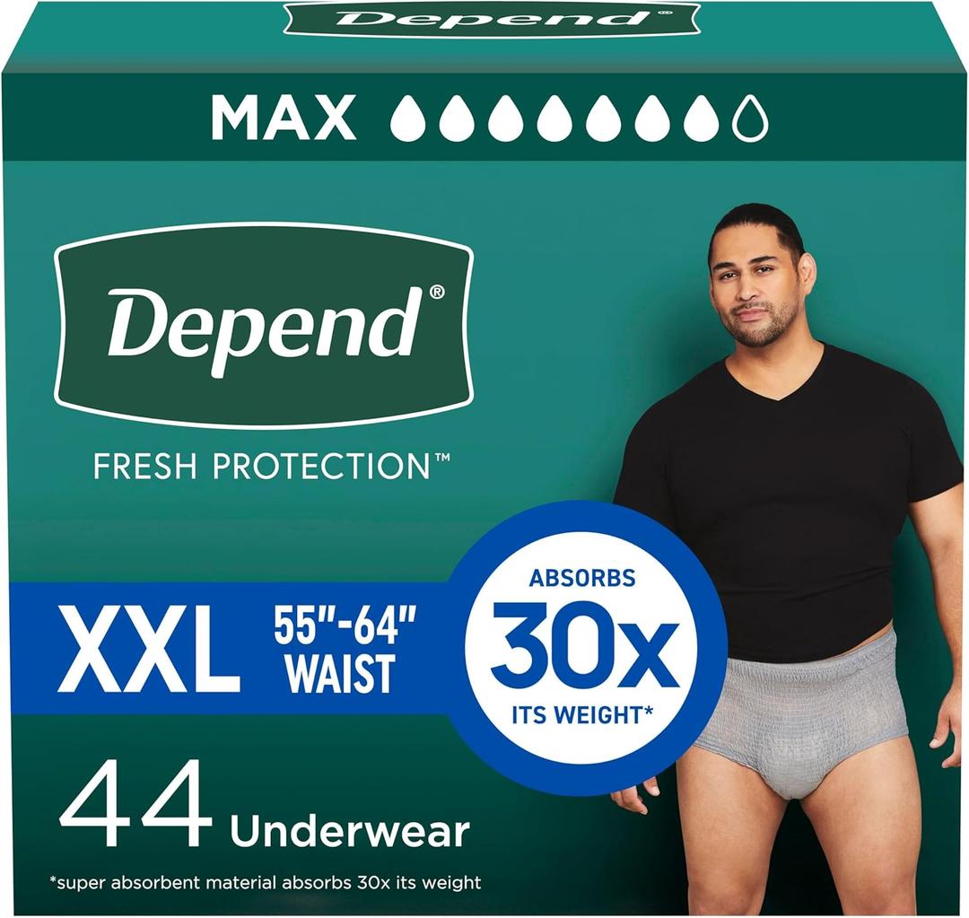 Depend Fresh Protection Adult Diapers, Incontinence Underwear for Men, Disposable, Maximum, Extra-Extra-Large, Grey, 44 Count (2 Packs of 22), Packaging May Vary Depend Fresh Protection Adult Diapers, Incontinence Underwear for Men, Disposable, Maximum, Extra-Extra-Large, Grey, 44 Count (2 Packs of 22), Packaging May Vary