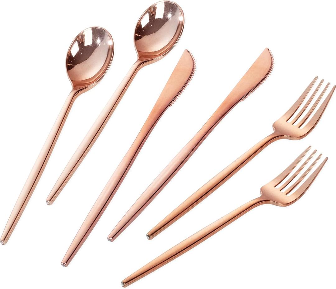 PULOTE 300PCS Rose Gold Plastic Silverware Set - Heavy Duty Rose Gold Utensils Set - Plastic Cutlery Disposable - Include 100 Knives,100 Forks and 100 Spoons for Party & Mother's Day