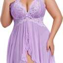 Avidlove Plus Size Lingerie for Women Sexy Lingerie Dress Lace Babydoll Lingerie V-Neck Open Front Strap Nightdress (Large, Lilac)