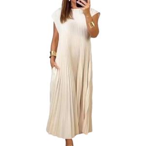KEOMUD Women Summer Pleated Maxi Dress Casual Short Sleeve Crewneck Flowy Swing Long Dress with Pockets (Medium, Beige)