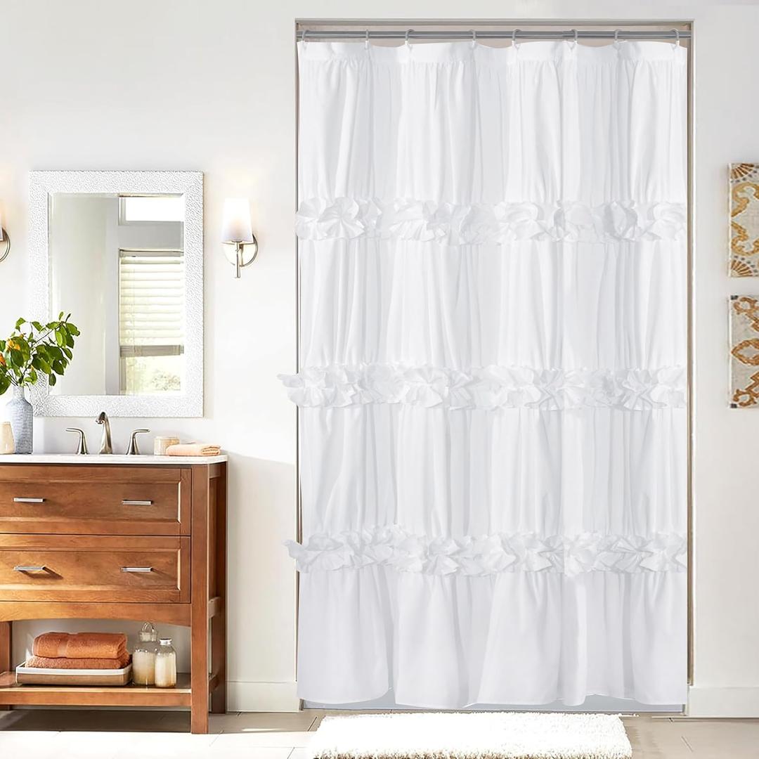 Ruffle Stall Shower Curtain, Vintage Handcrafted Bow Tie Bath Curtain for Master Bathroom, Ruched Microfiber Bathroom Curtain with 8 Buttonholes, 48" W x 72" H, White (LQ-10) Ruffle Stall Shower Curtain, Vintage Handcrafted Bow Tie Bath Curtain for Master Bathroom, Ruched Microfiber Bathroom Curtain with 8 Buttonholes, 48" W x 72" H, White (LQ-10)