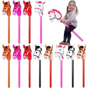 12 Pcs 40 Inch Inflatable Stick Horse Colorful Horse Head Stick Balloon Horse Birthday Party Supplies Pony Stick for Halloween Birthday Cowboy Horse Theme Party Supply, 6 Colors
