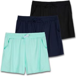 Real Essentials 3 Pack: Womens Ultra-Soft Athletic Lounge Casual Sweat Shorts with Pockets (Large, Set 1)