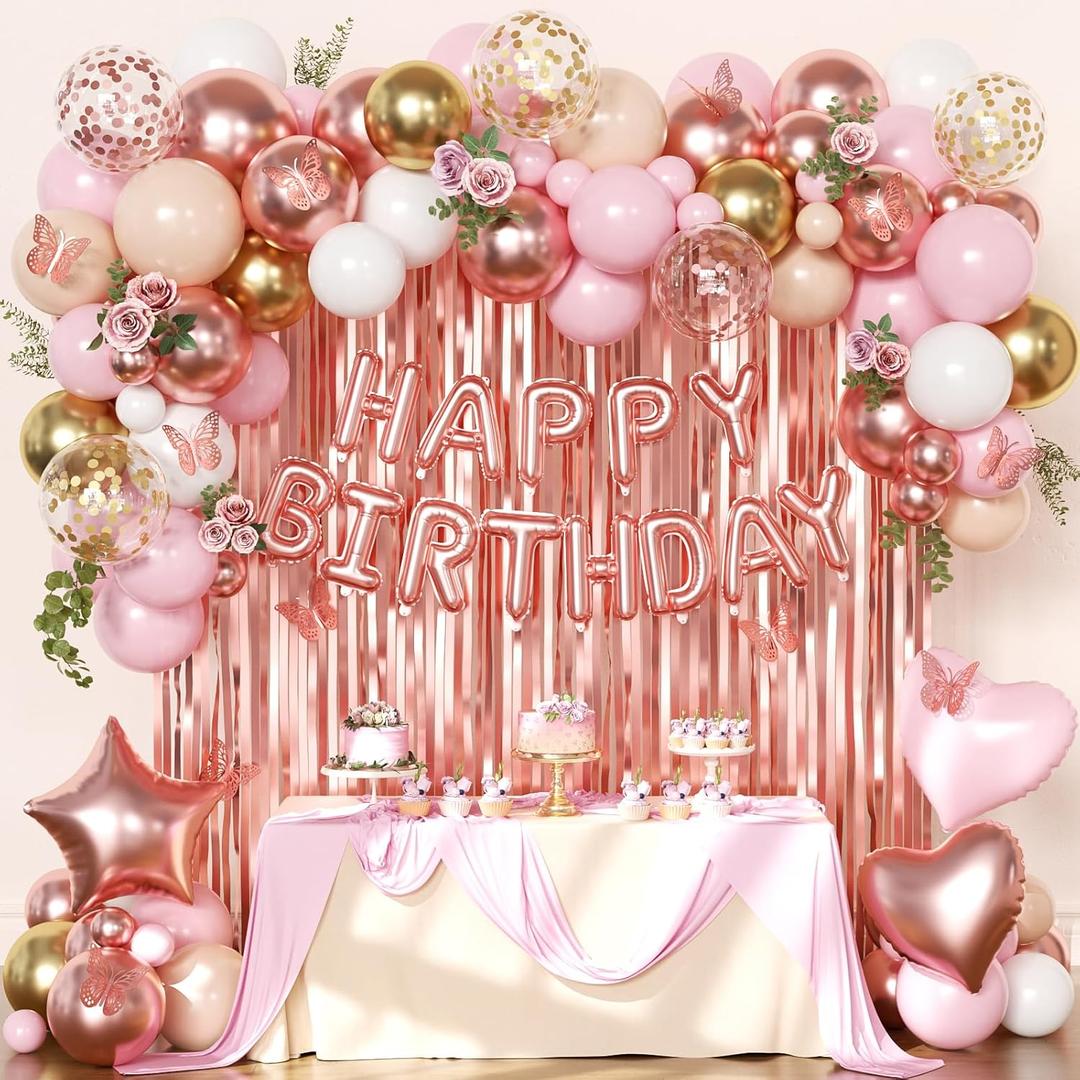 Rose Gold Birthday Decorations, Gold Pink Peach White Balloons Confetti Foil Balloons Happy Birthday Banner Butterfly Fringe Curtains birthday Decorations for Women Teens Girls