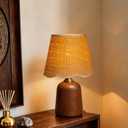 11.4" Solid Walnut Style Wood Small Table Lamp, Boho Bedside Lamp for Mid-Century Modern Decor, 3-Color Dimmable Woven Shade, Aesthetic Nightstand Light for Living Room, E26 LED Bulb Included