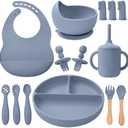 LITTLE RAWR Silicone Baby Feeding Set 14 Pcs,Baby Led Weaning Supplies, Baby Spoons Suction Bowl Divided Plate Bib Cup Finger Brush,First Stage Solid Food Eating Utensils - 6+ Months(Blue Gray)