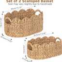 iEGrow Scalloped Wicker Basket, Set of 2 Hand-Woven Natural Rattan Baskets with Built-in Handles, Water Hyacinth Storage Oval Cute Baby Baskets for Nursery, Organizing, Decor and Shelves