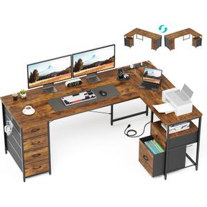 63 Inch L Shaped Office Desk with 6 Drawers & Type-C Port, Rustic Brown | File Cabinet, Power Outlets, Reversible Corner Computer Desk, Work Desk with Storage for Home Office, Bedroom, Gaming, Study