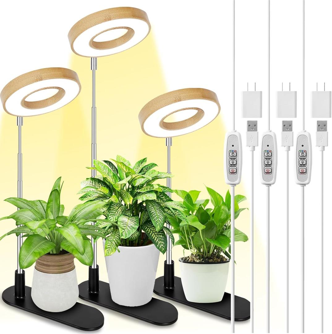 LORDEM Bamboo Base Desktop Grow Light, LED Plant Lamp with Full Spectrum, 4 Adjustable Brightness Levels, 4H/8H/12H Auto Timer for Indoor Plants Growing, Height Adjustable 7.8"-26", 3 Pack