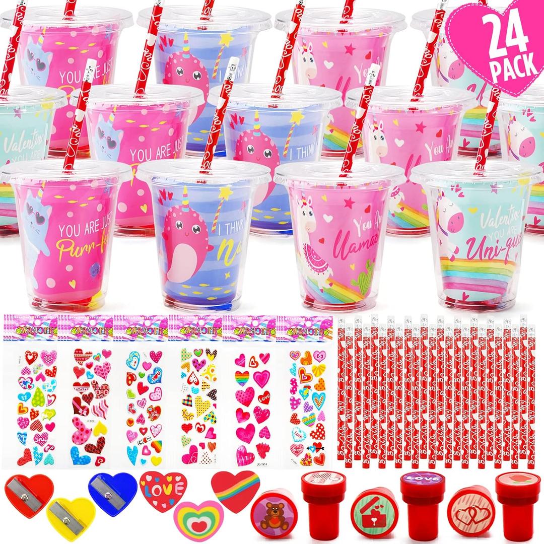 Valentines Day Gifts for Kids - 24 Pack Valentines Day Stationery Gift with Cards Pencils Stickers Erasers Stampers Sharpener Cups Classroom Prize School Exchange Boys Girls Party Favors