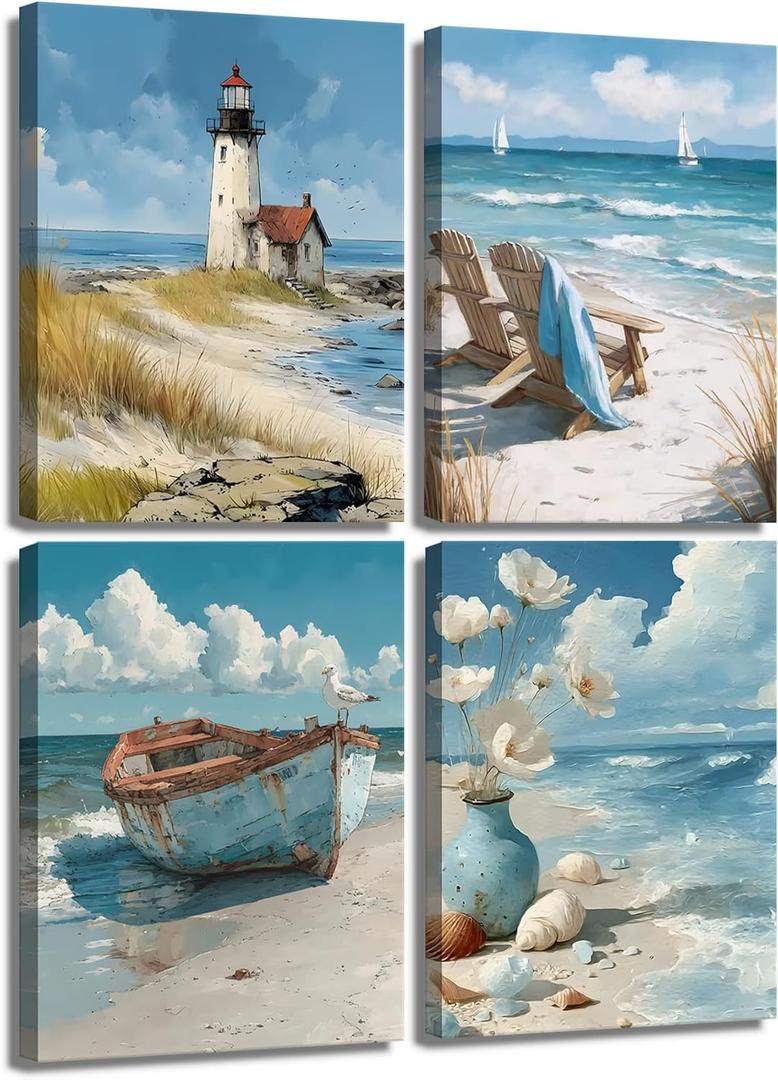 Danseed 4Pcs Blue Coastal Canvas Wall Art Ocean Bathroom Wall Decor Pictures Lighthouse Boat Chair Flower Painting for Bedroom Bathroom Home Office Decoration (10L"x8W")