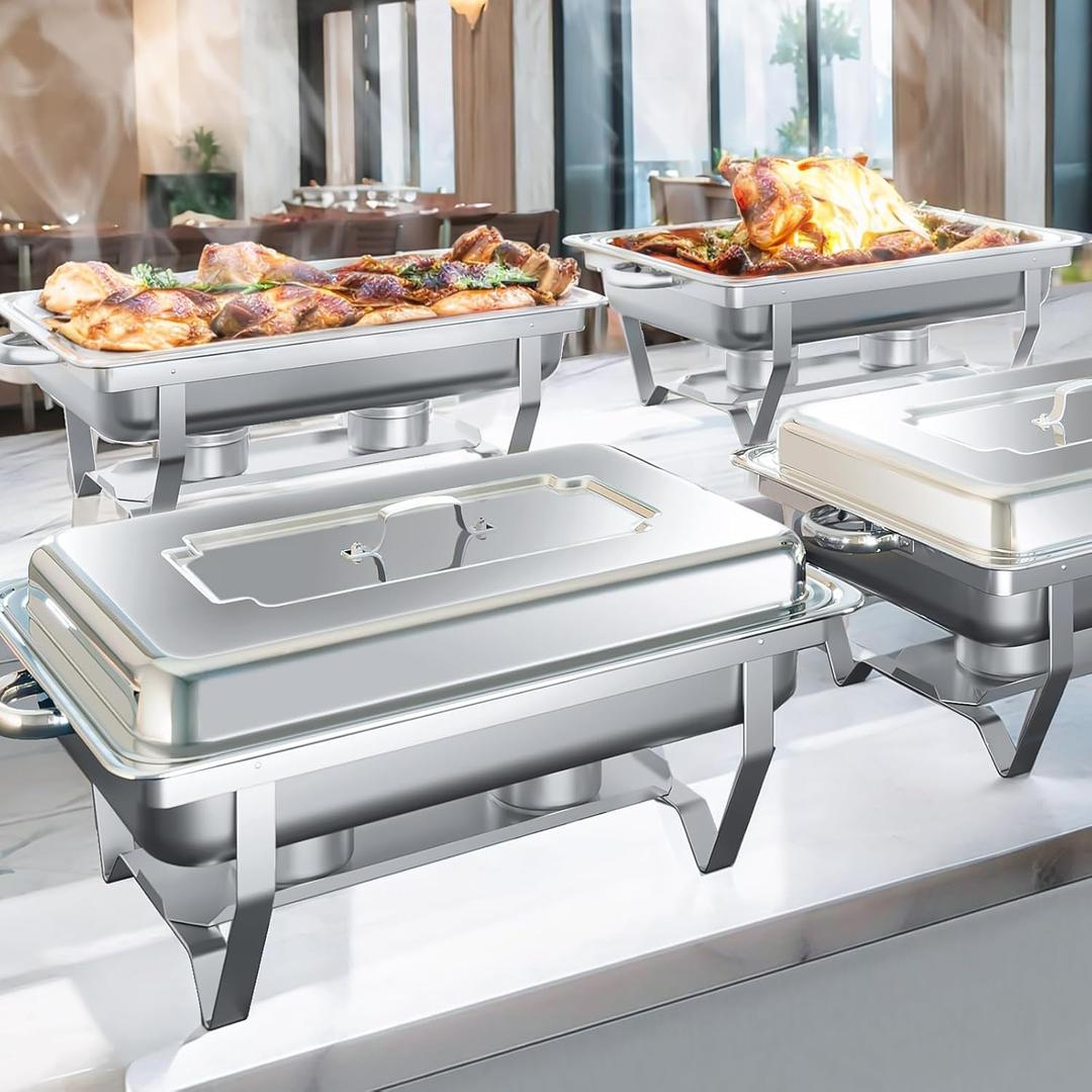 Chafing Dishes for Buffet, 4 Pack 8QT Chafers and Buffet Warmers Sets for Parties, Catering, Weddings, Christmas, Events Serving, Silver