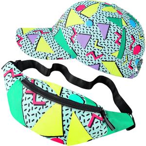 Sotiff 2 Pcs Retro 80s 90s Outfits for Women Men 80s Fanny Pack and Hat 90s Costumes Adjustable Waist Bag Hats for Themed Party(Fresh Style)