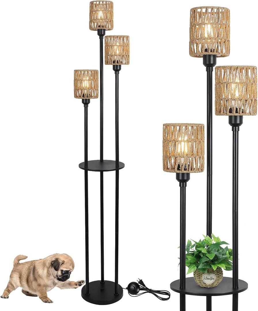 Boho Floor Lamp with Shelves, 3-Lights Farmhouse Tall Floor Lamp with ON/Off Foot Switch, Rustic Standing Lamp with Rattan Shades for Living Room Bedroom Office